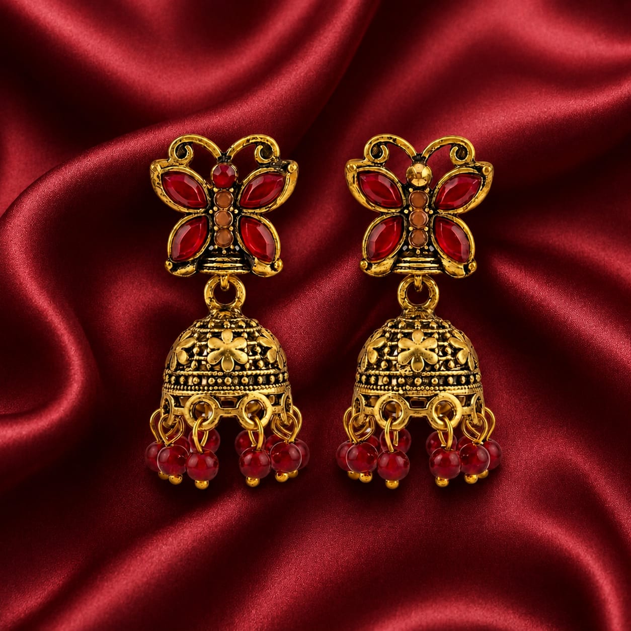 Antique Gold Butterfly Jhumka Earrings | Red Stone & Bead Drop
