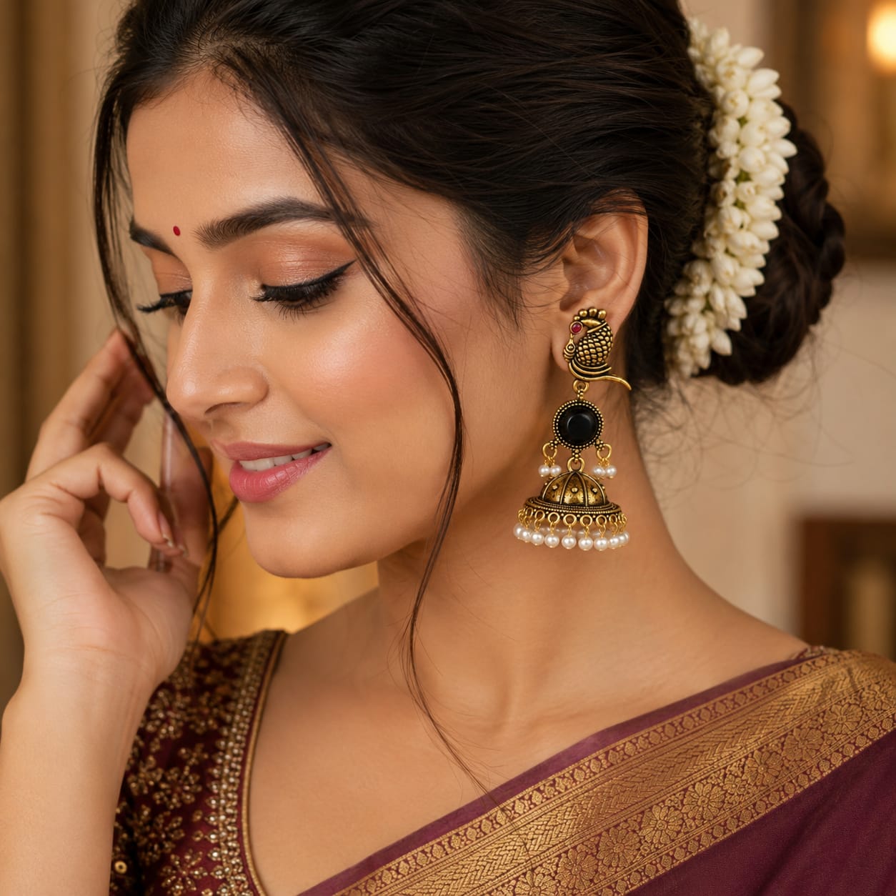 Antique Gold Parrot Jhumka Earrings | Black Stone & Pearl Drop
