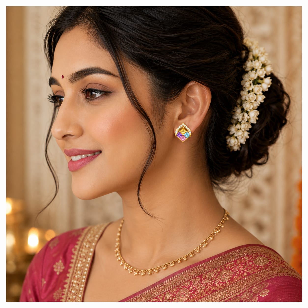 Gold Plated Multicolour Stone Stud Earrings with CZ Border