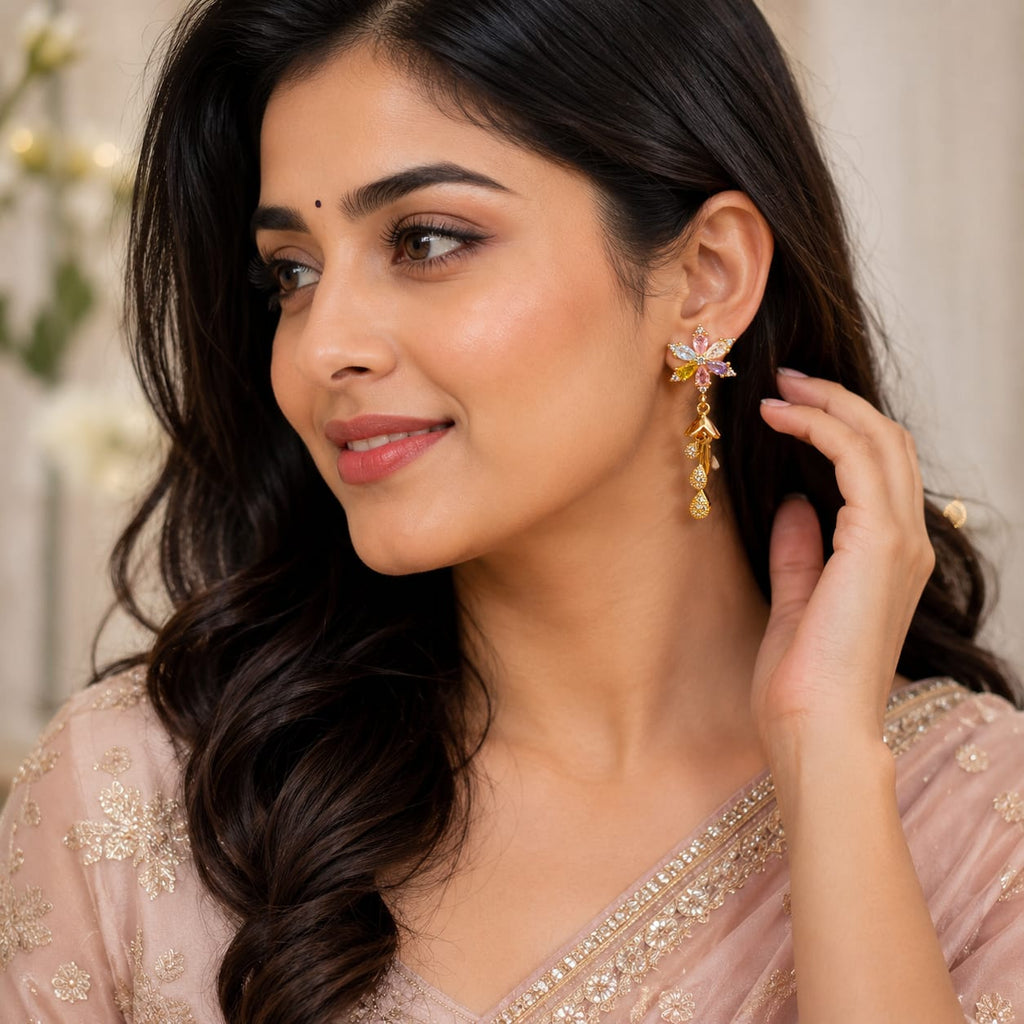 Gold Plated Multicolour Flower Stud Earrings with CZ Teardrop Danglers