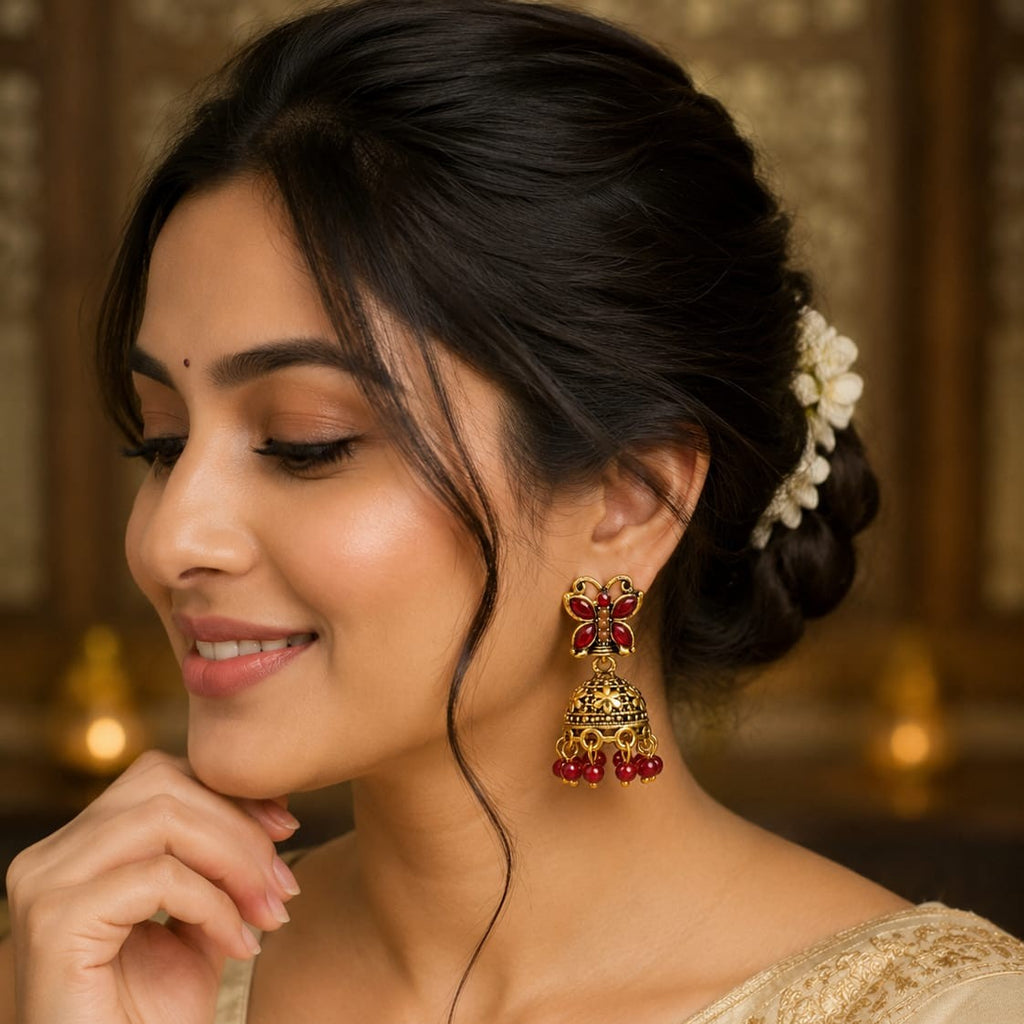 Antique Gold Butterfly Jhumka Earrings | Red Stone & Bead Drop