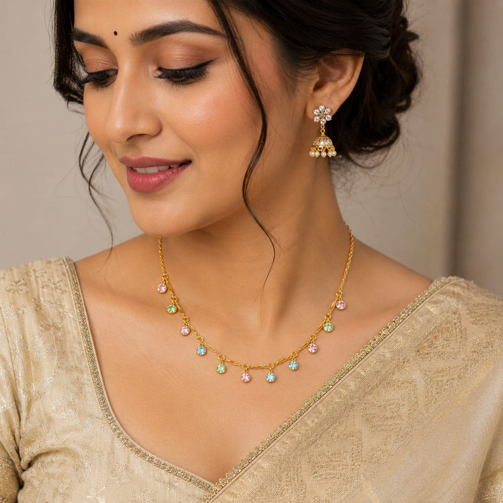 Gold Multicolour Pastel Crystal Round Charm Necklace