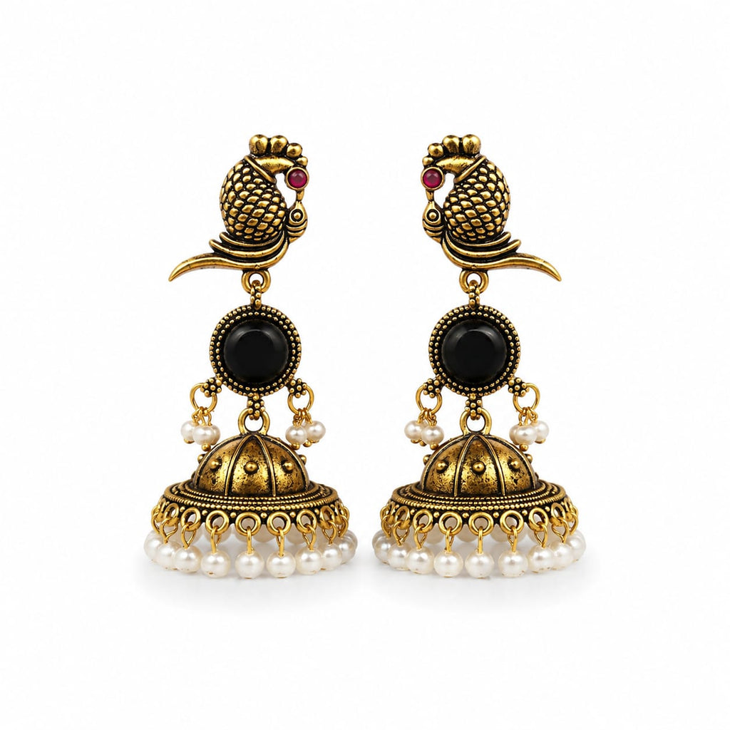 Antique Gold Parrot Jhumka Earrings | Black Stone & Pearl Drop