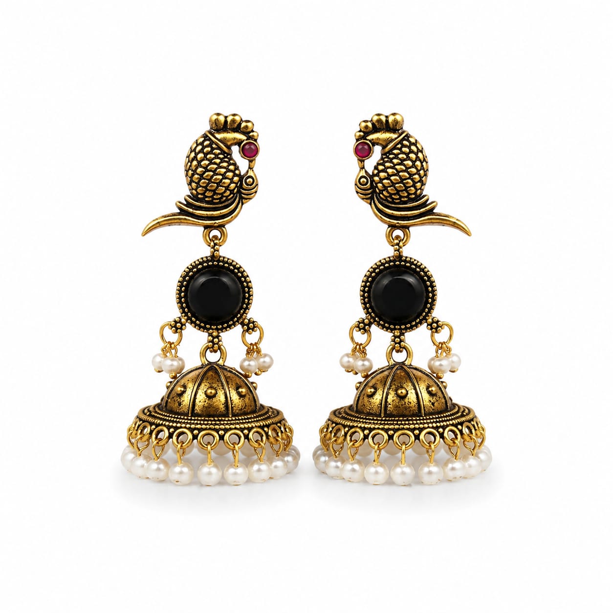 Antique Gold Parrot Jhumka Earrings | Black Stone & Pearl Drop
