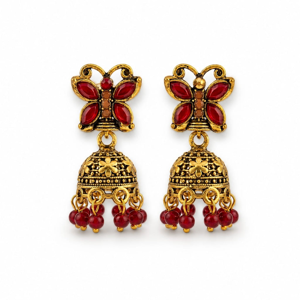 Antique Gold Butterfly Jhumka Earrings | Red Stone & Bead Drop