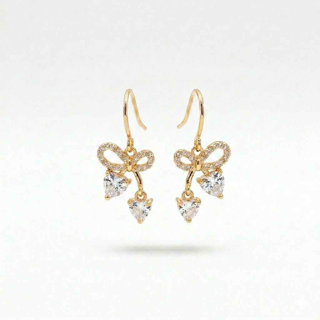 Gold Plated CZ Bow Hook Earrings with Double Heart Crystal Drops