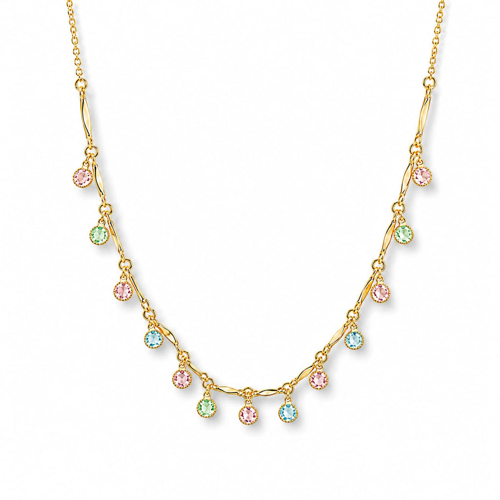 Gold Multicolour Pastel Crystal Round Charm Necklace