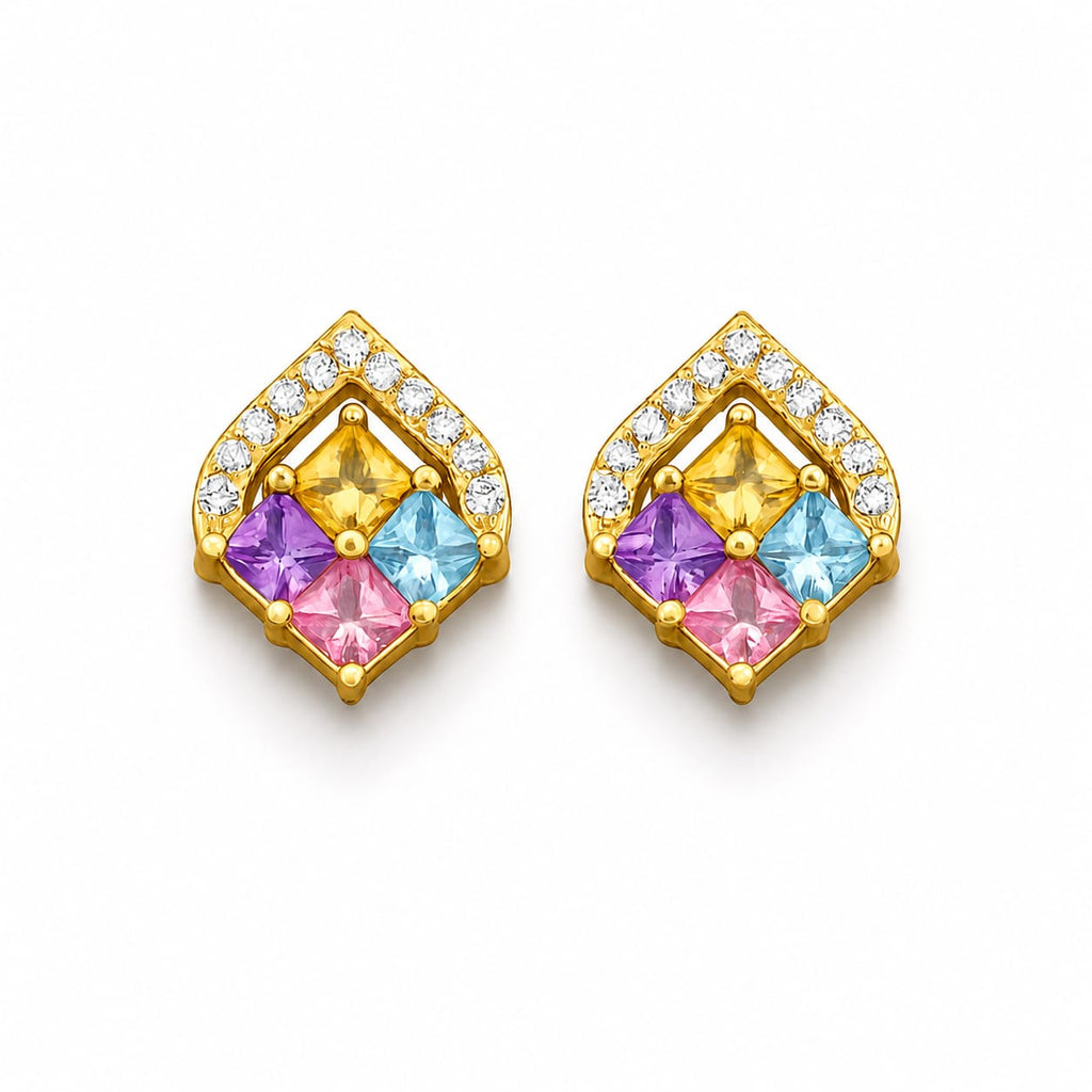 Gold Plated Multicolour Stone Stud Earrings with CZ Border