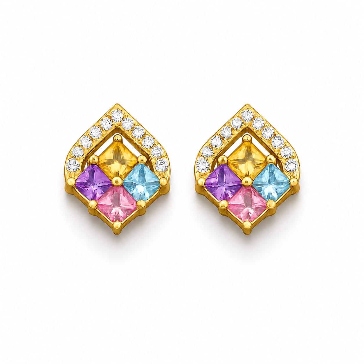 Gold Plated Multicolour Stone Stud Earrings with CZ Border