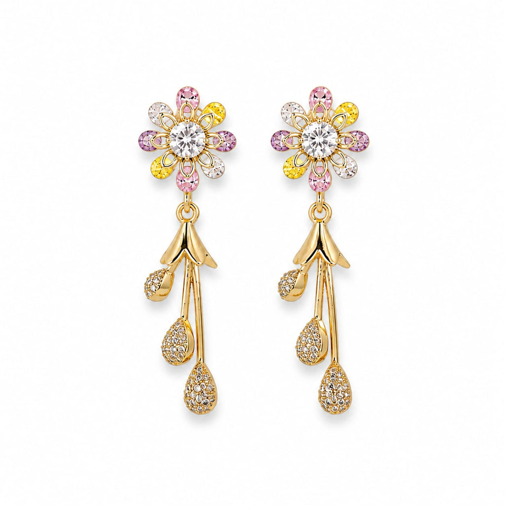Gold Plated Multicolour Daisy Flower Stud Earrings with CZ Teardrop Danglers