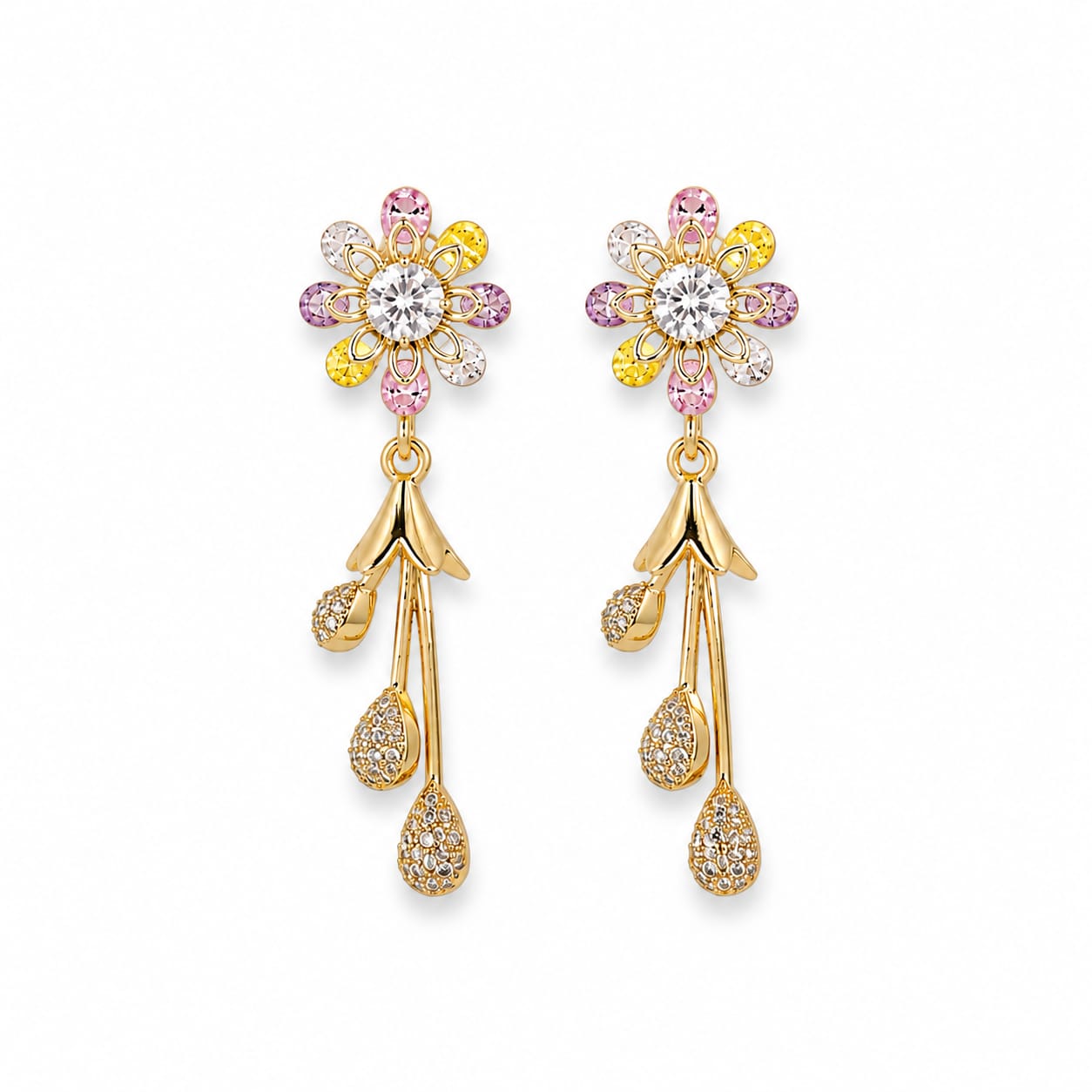 Gold Plated Multicolour Daisy Flower Stud Earrings with CZ Teardrop Danglers