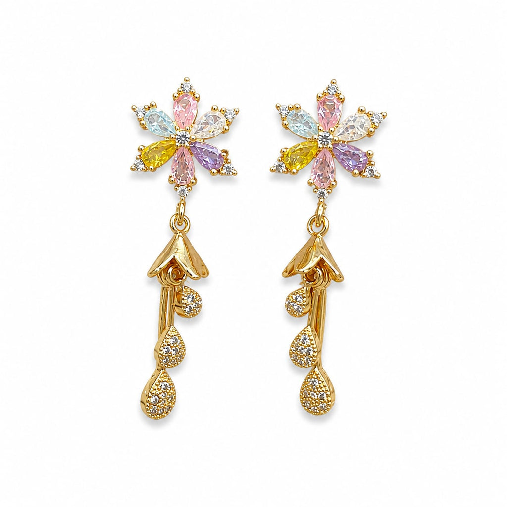 Gold Plated Multicolour Flower Stud Earrings with CZ Teardrop Danglers