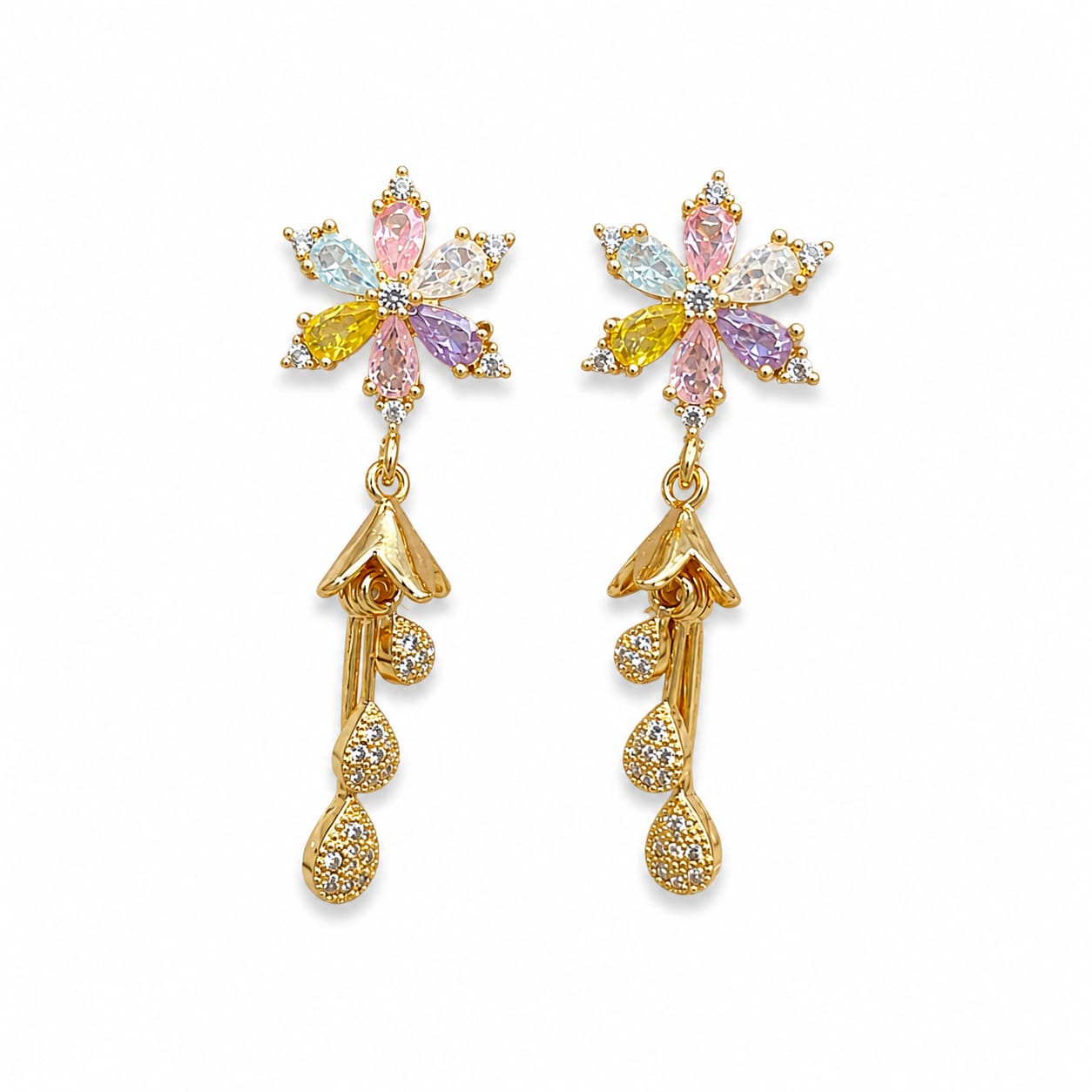 Gold Plated Multicolour Flower Stud Earrings with CZ Teardrop Danglers