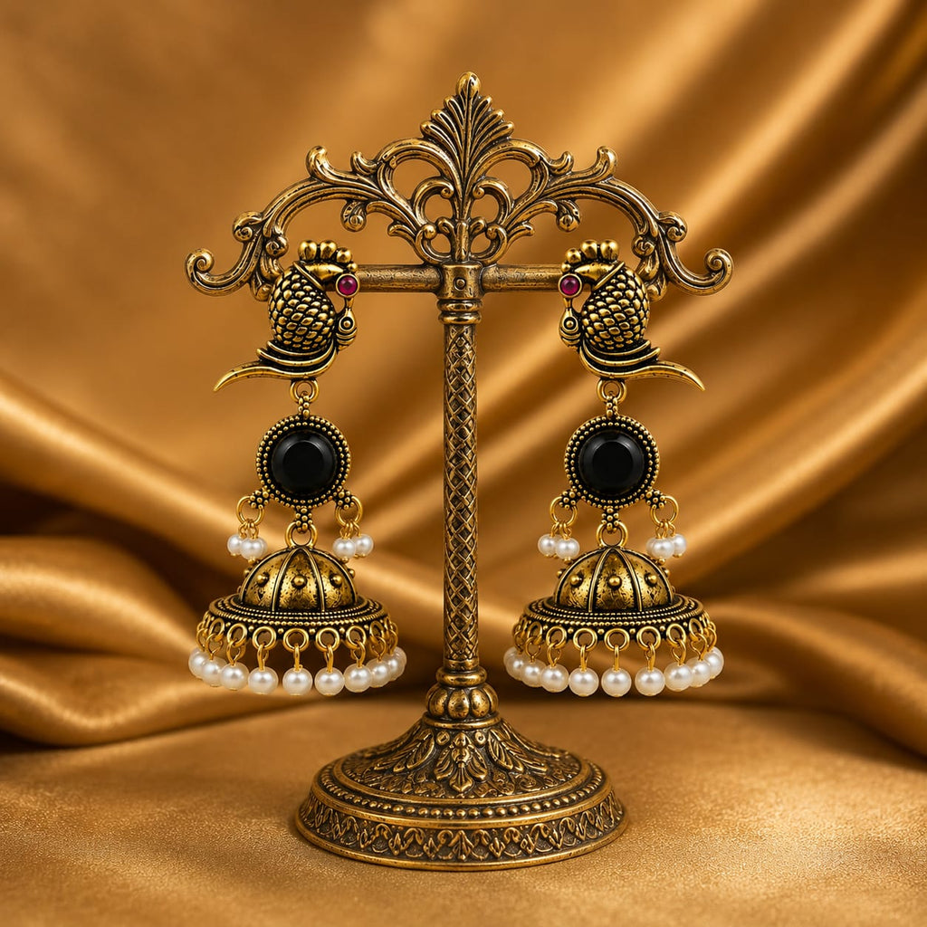 Antique Gold Parrot Jhumka Earrings | Black Stone & Pearl Drop