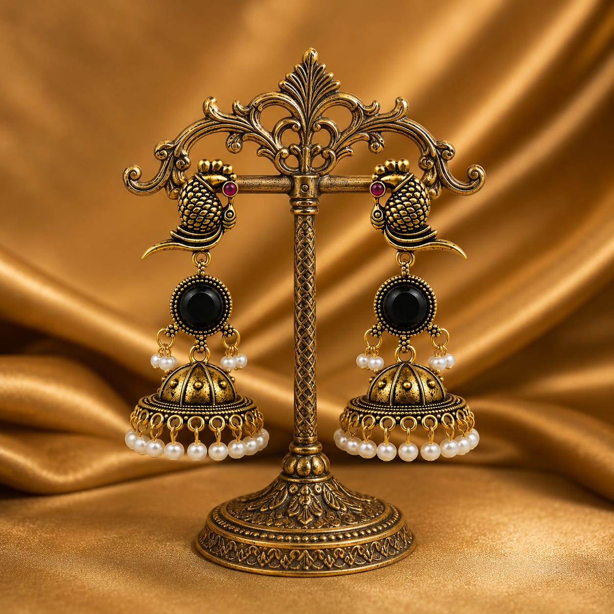 Antique Gold Parrot Jhumka Earrings | Black Stone & Pearl Drop