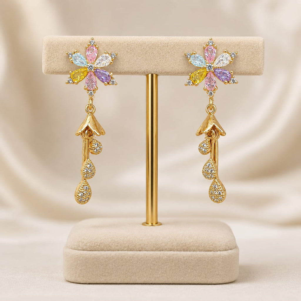 Gold Plated Multicolour Flower Stud Earrings with CZ Teardrop Danglers