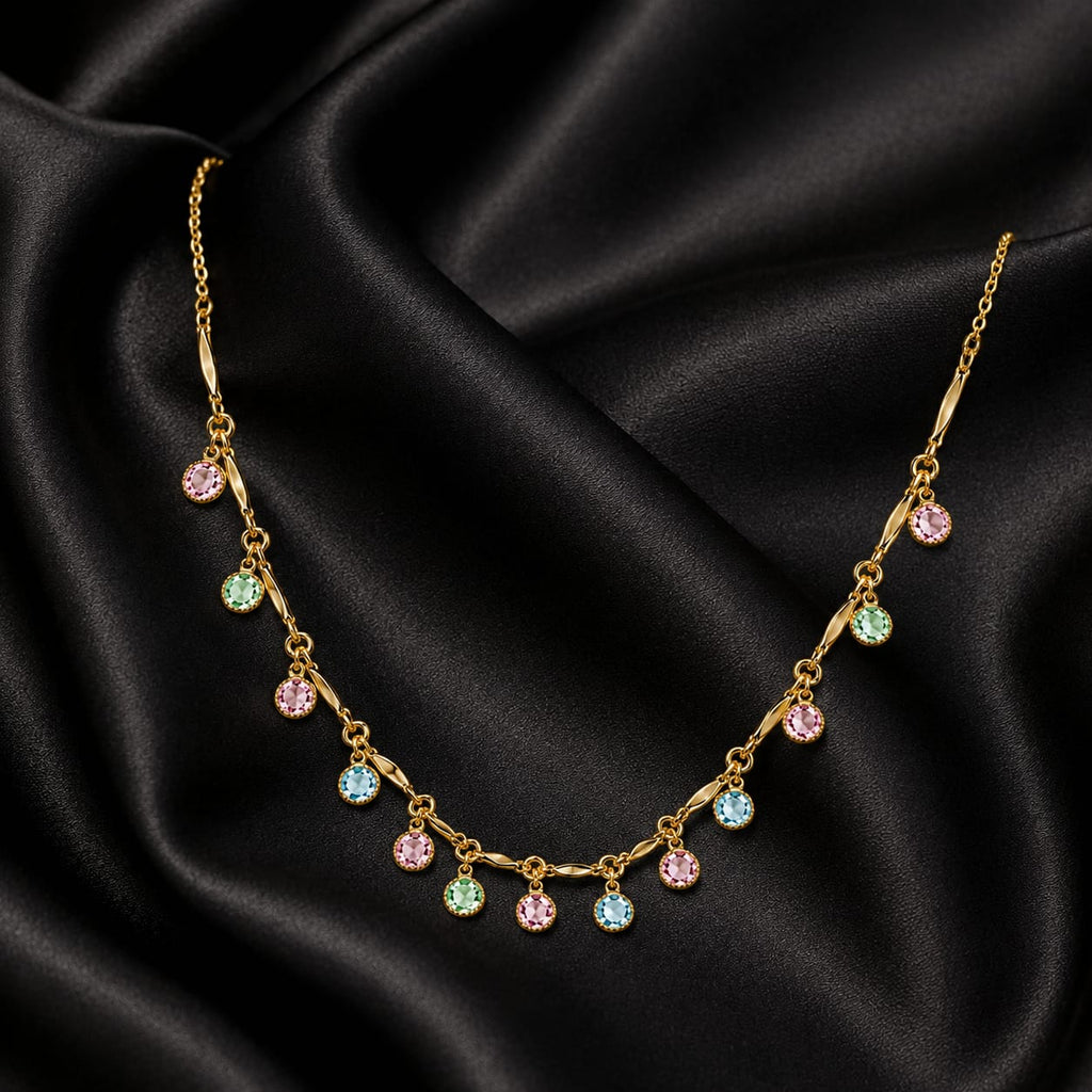 Gold Multicolour Pastel Crystal Round Charm Necklace