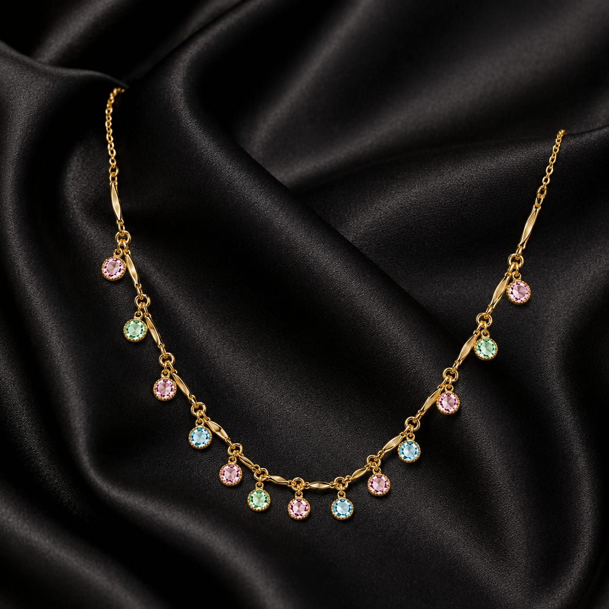 Gold Multicolour Pastel Crystal Round Charm Necklace