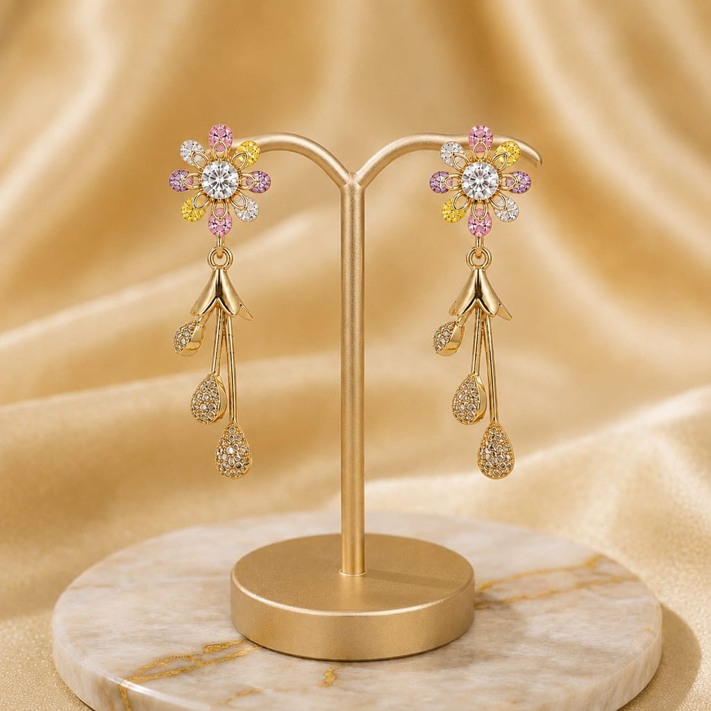 Gold Plated Multicolour Daisy Flower Stud Earrings with CZ Teardrop Danglers