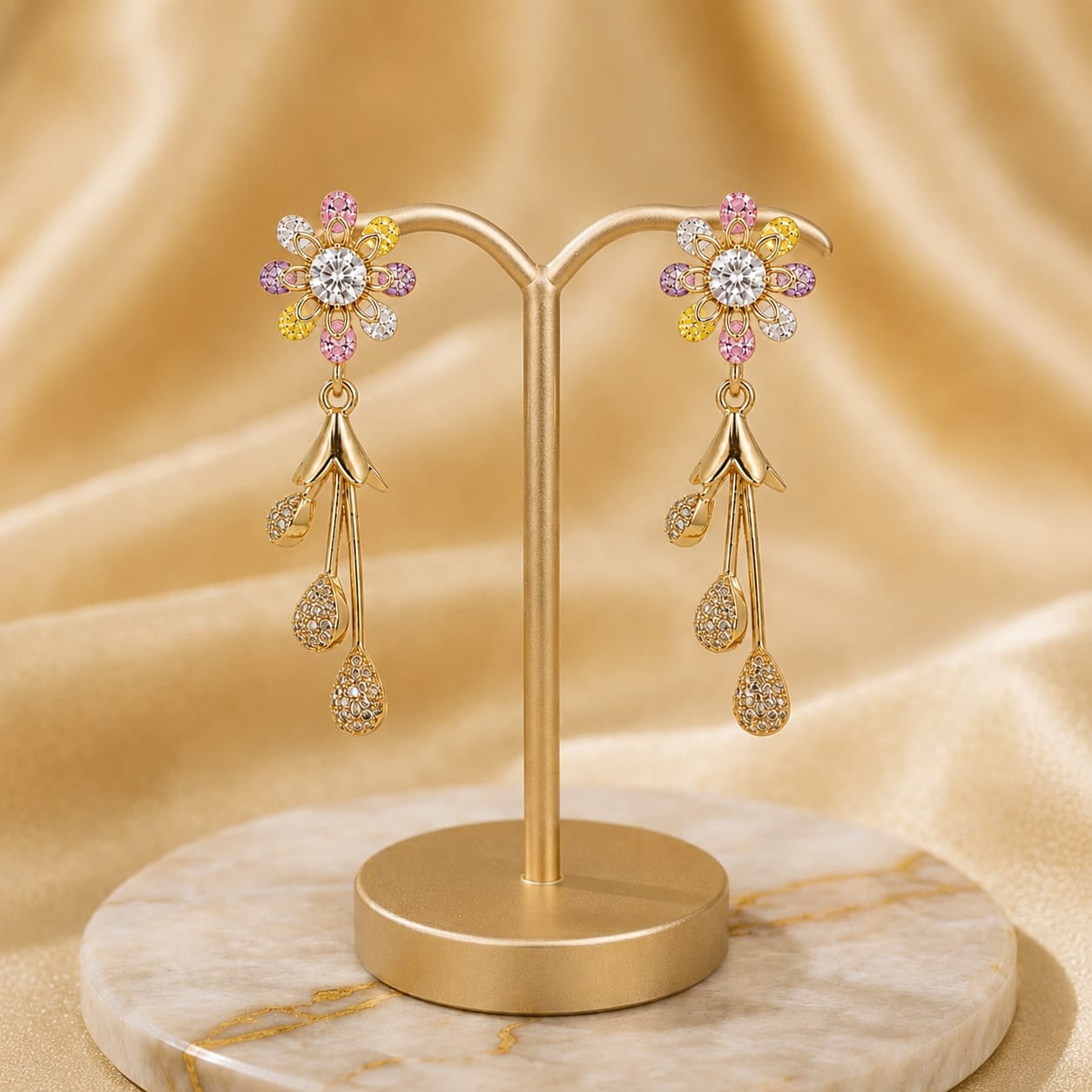 Gold Plated Multicolour Daisy Flower Stud Earrings with CZ Teardrop Danglers