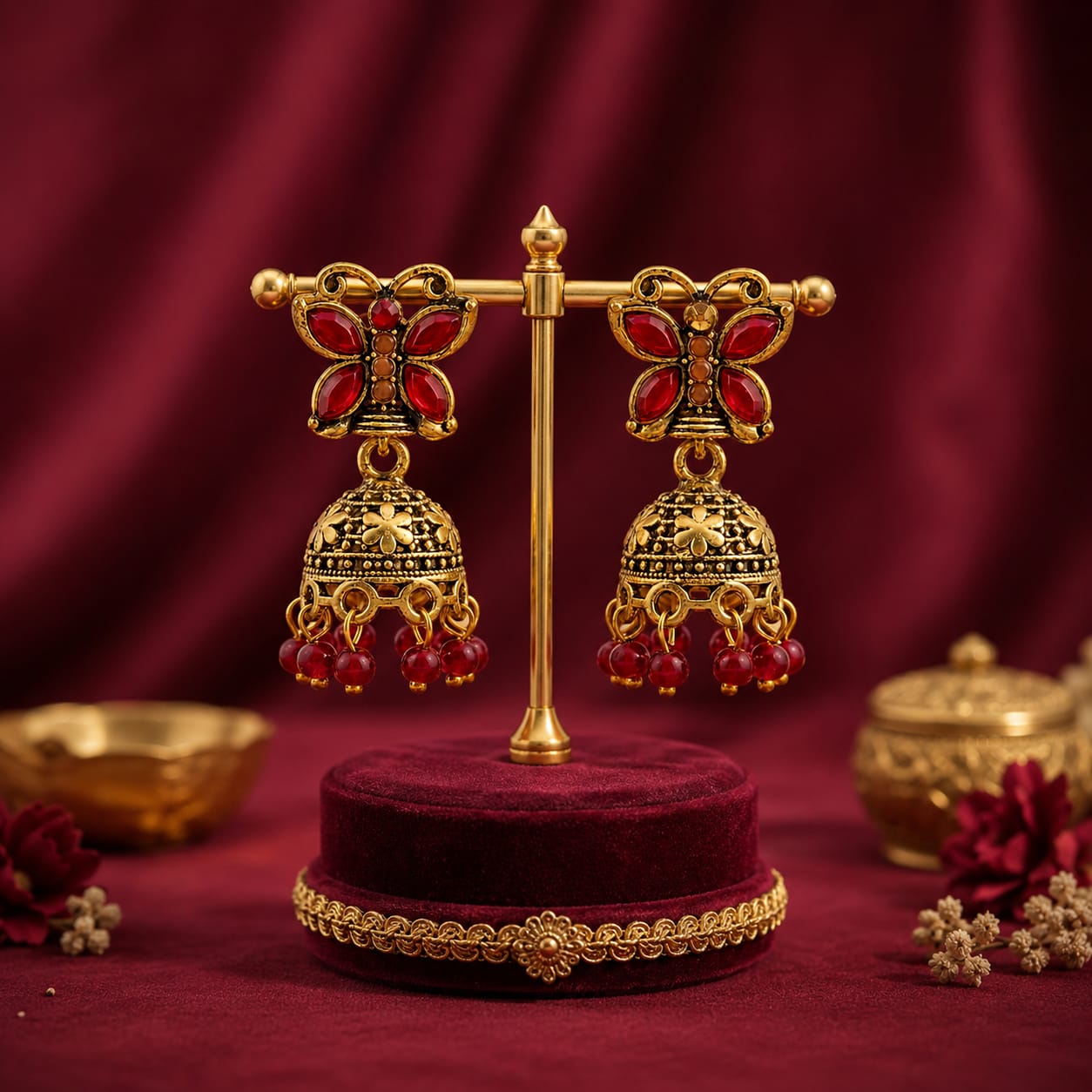Antique Gold Butterfly Jhumka Earrings | Red Stone & Bead Drop
