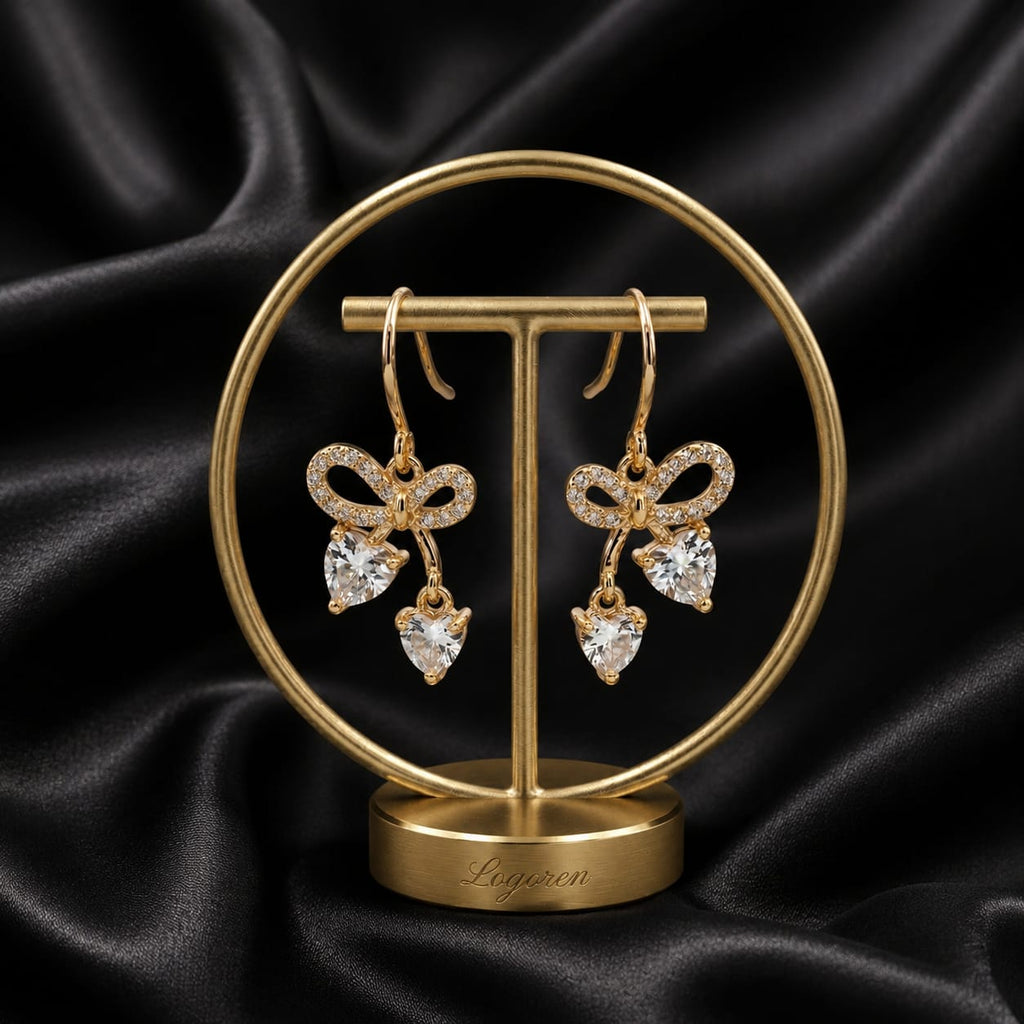 Gold Plated CZ Bow Hook Earrings with Double Heart Crystal Drops