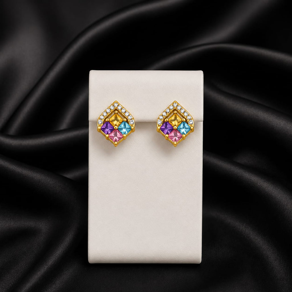 Gold Plated Multicolour Stone Stud Earrings with CZ Border