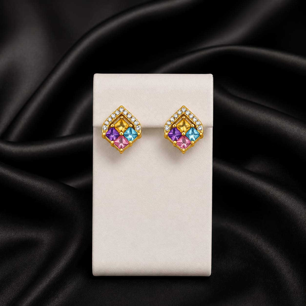 Gold Plated Multicolour Stone Stud Earrings with CZ Border