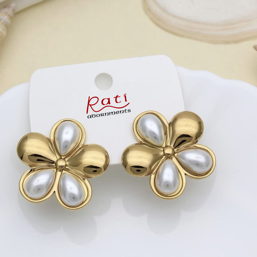 Gold Four-Petal Pearl Flower Stud Earrings