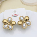 Gold Four-Petal Pearl Flower Stud Earrings