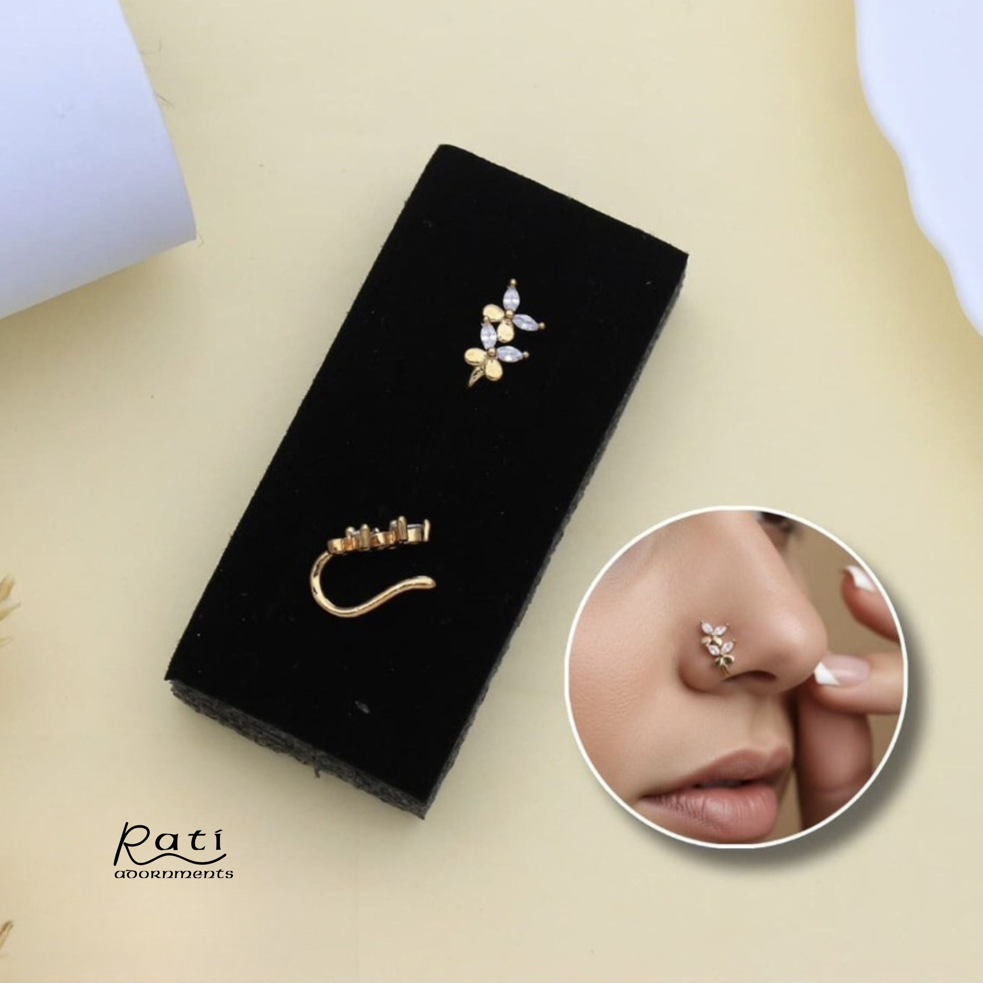 Gold Triple Petal Leaf Nose Pin with Marquise CZ Stones