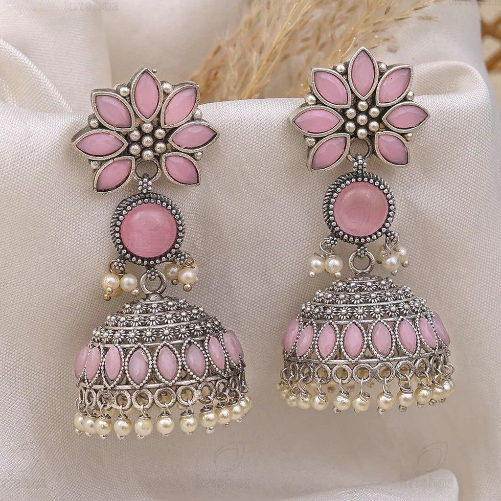 Pink Stone Oxidised Silver Jhumka Earrings with Pearl Drops