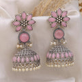 Pink Stone Oxidised Silver Jhumka Earrings with Pearl Drops
