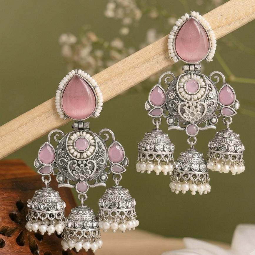 Oxidised Silver Triple Jhumka Earrings with Rose Pink Stone
