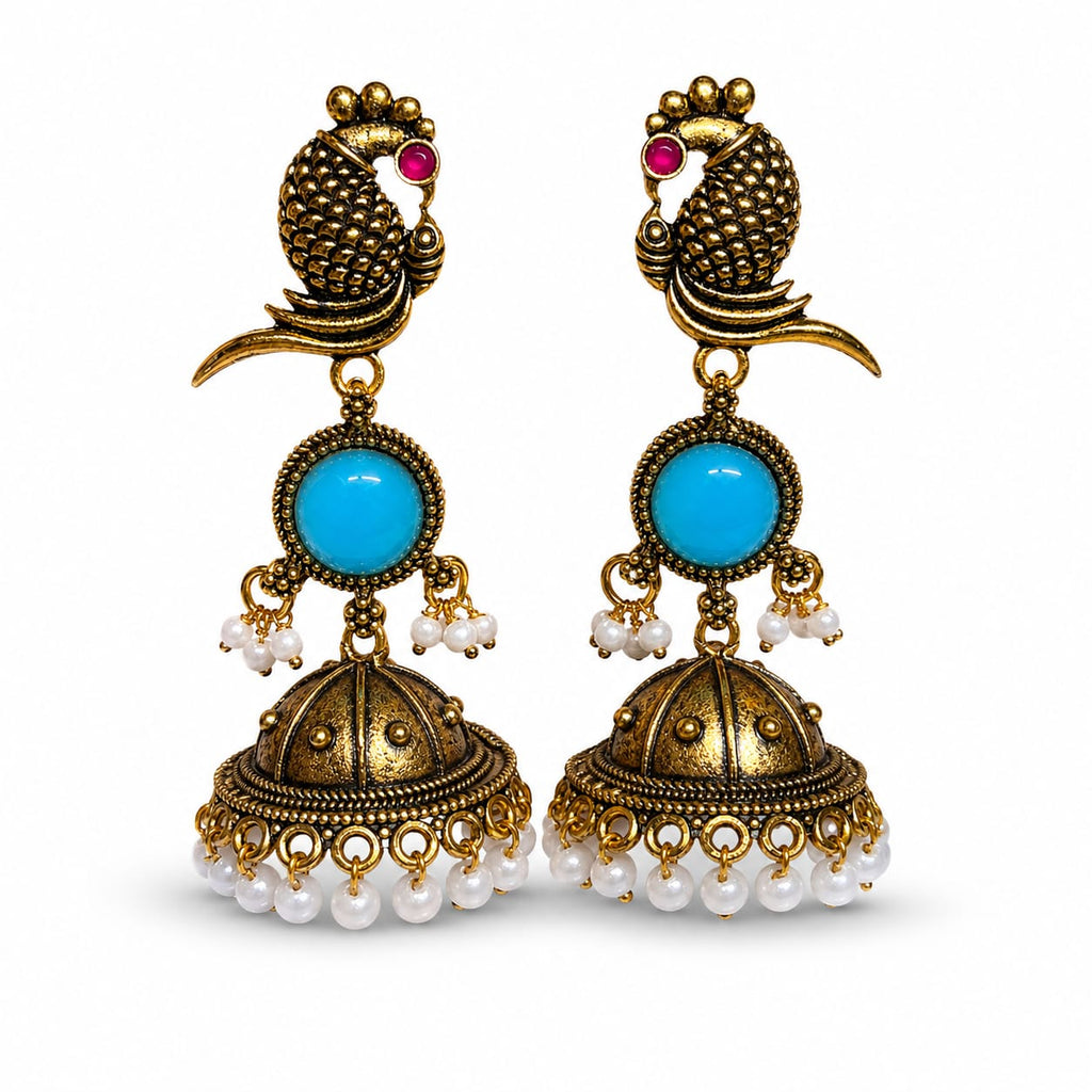 Antique Gold Parrot Jhumka Earrings with Turquoise Stone & Pearl Drops