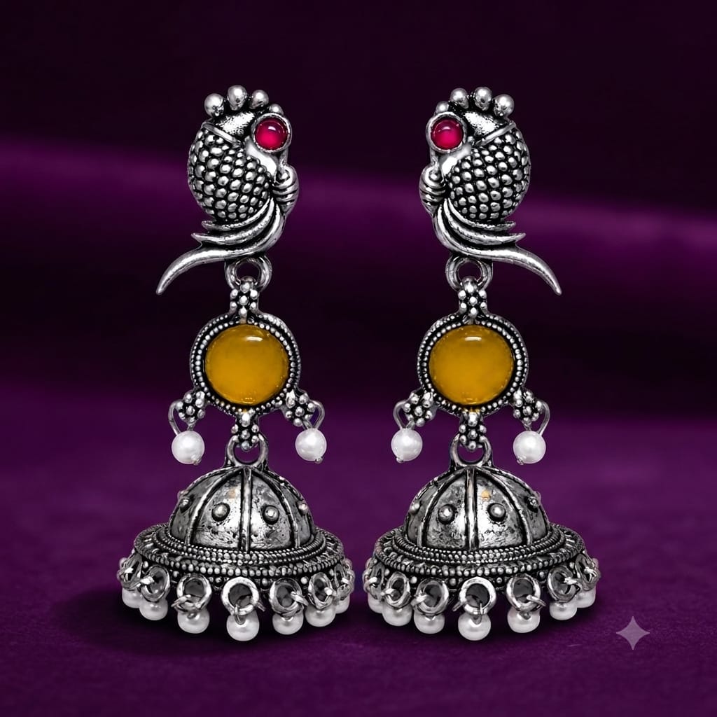 Oxidised Silver Parrot Jhumka Earrings with Yellow Stone & Pearl Drops