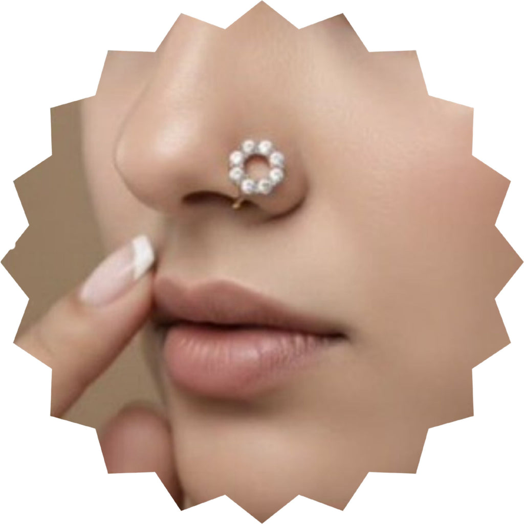 Gold Circular Floral Nose Pin with CZ Stones