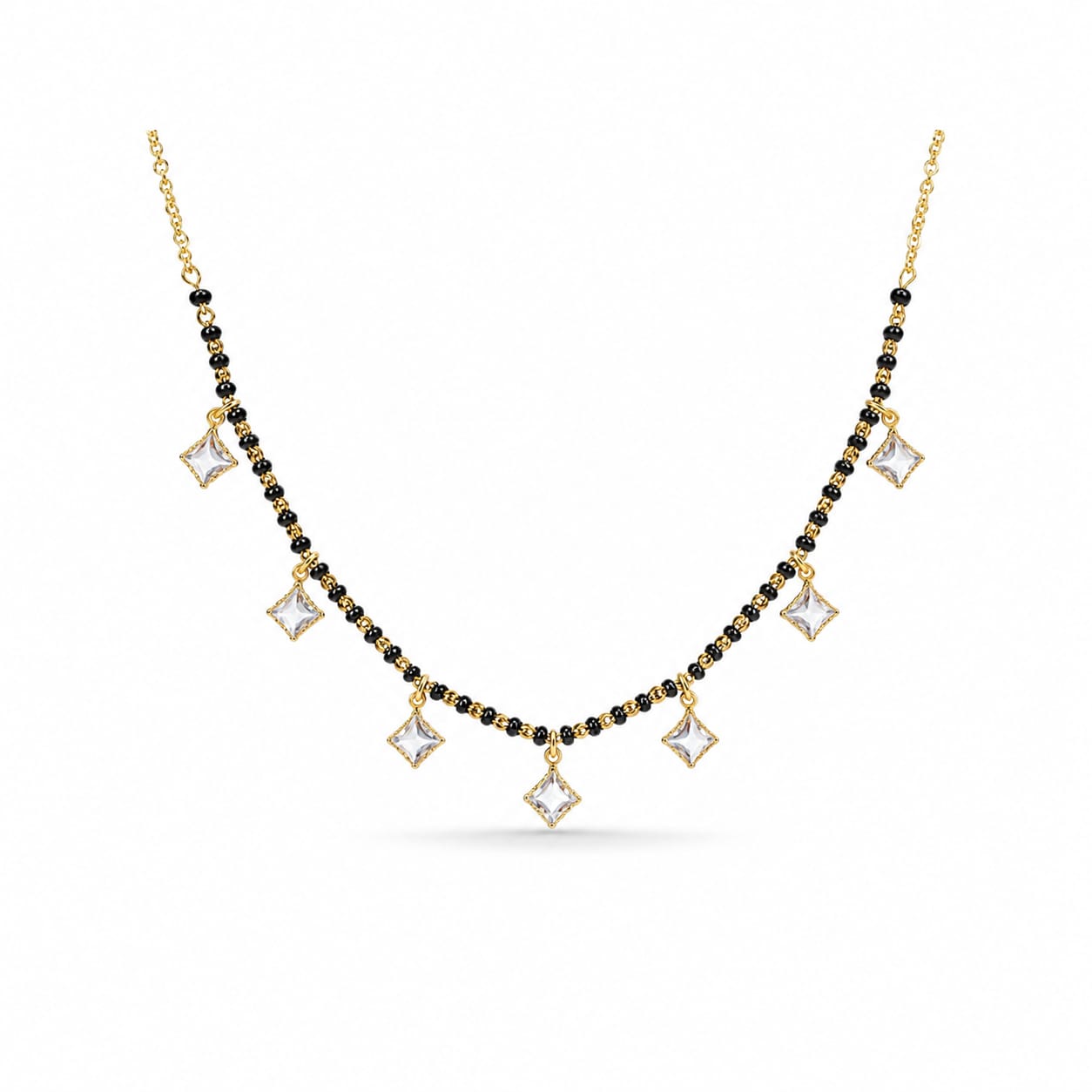 Gold Black Bead Mangalsutra Necklace with CZ Star Charms