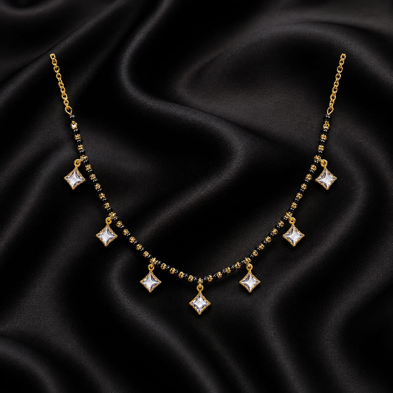 Gold Black Bead Mangalsutra Necklace with CZ Star Charms