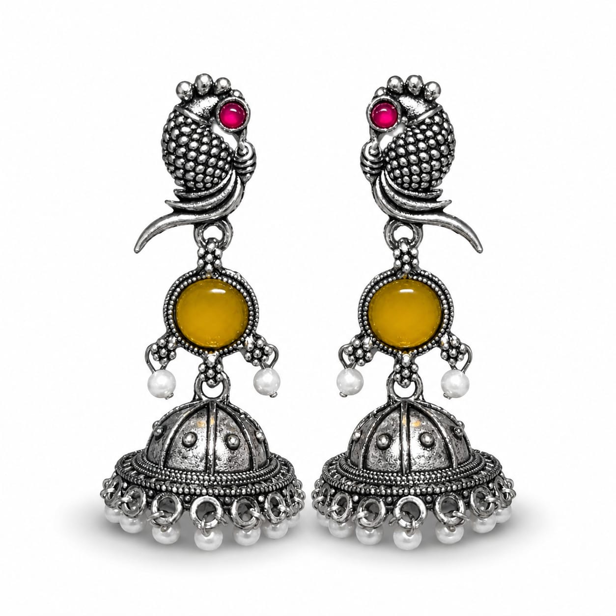 Oxidised Silver Parrot Jhumka Earrings with Yellow Stone & Pearl Drops