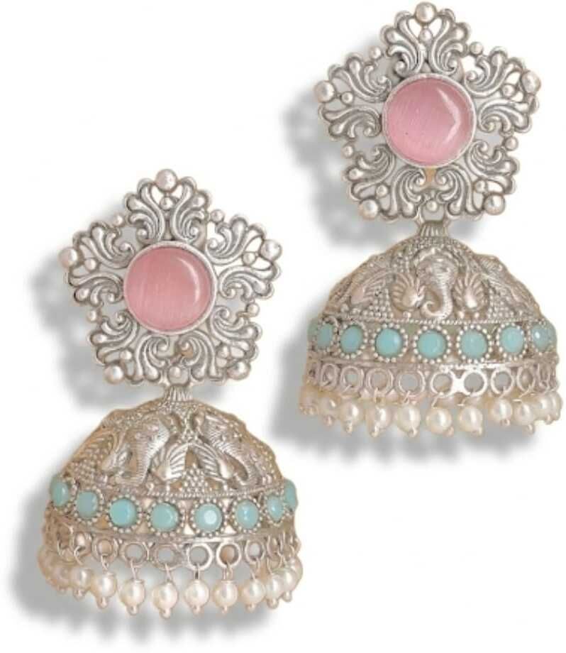 Silver Ganesha Jhumki Earrings with Rose Pink Stone & Turquoise Drops