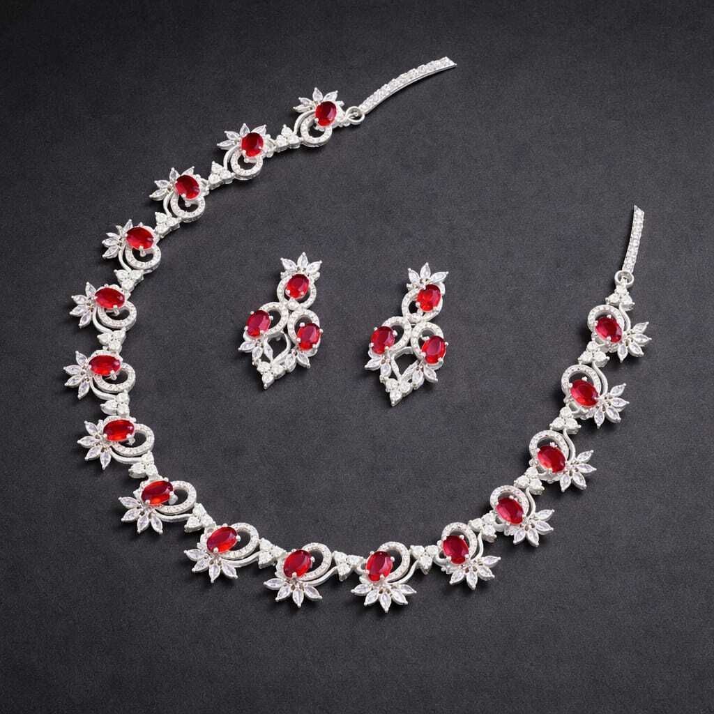 Ruby & CZ Diamond Floral Necklace & Earrings Set