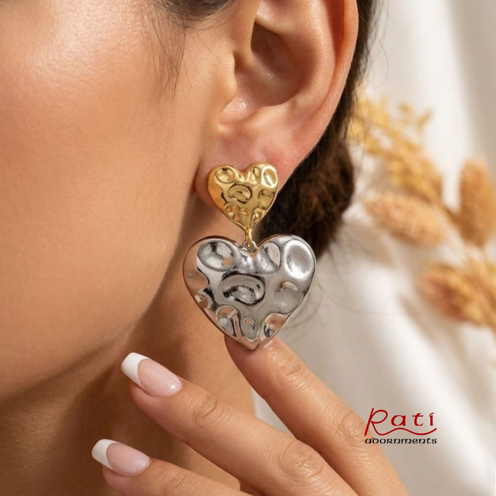 Two-Tone Heart Drop Earrings – Gold & Silver Hammered Duo