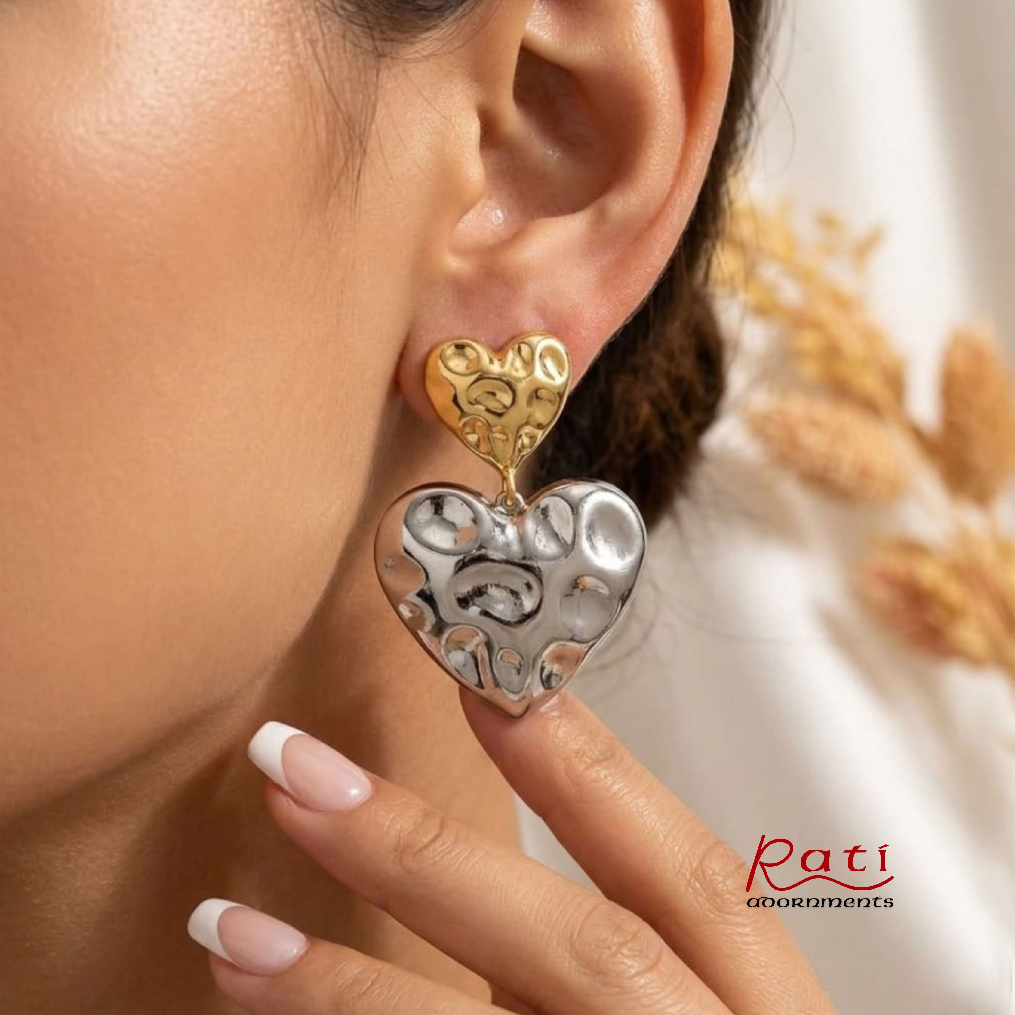 Two-Tone Heart Drop Earrings – Gold & Silver Hammered Duo