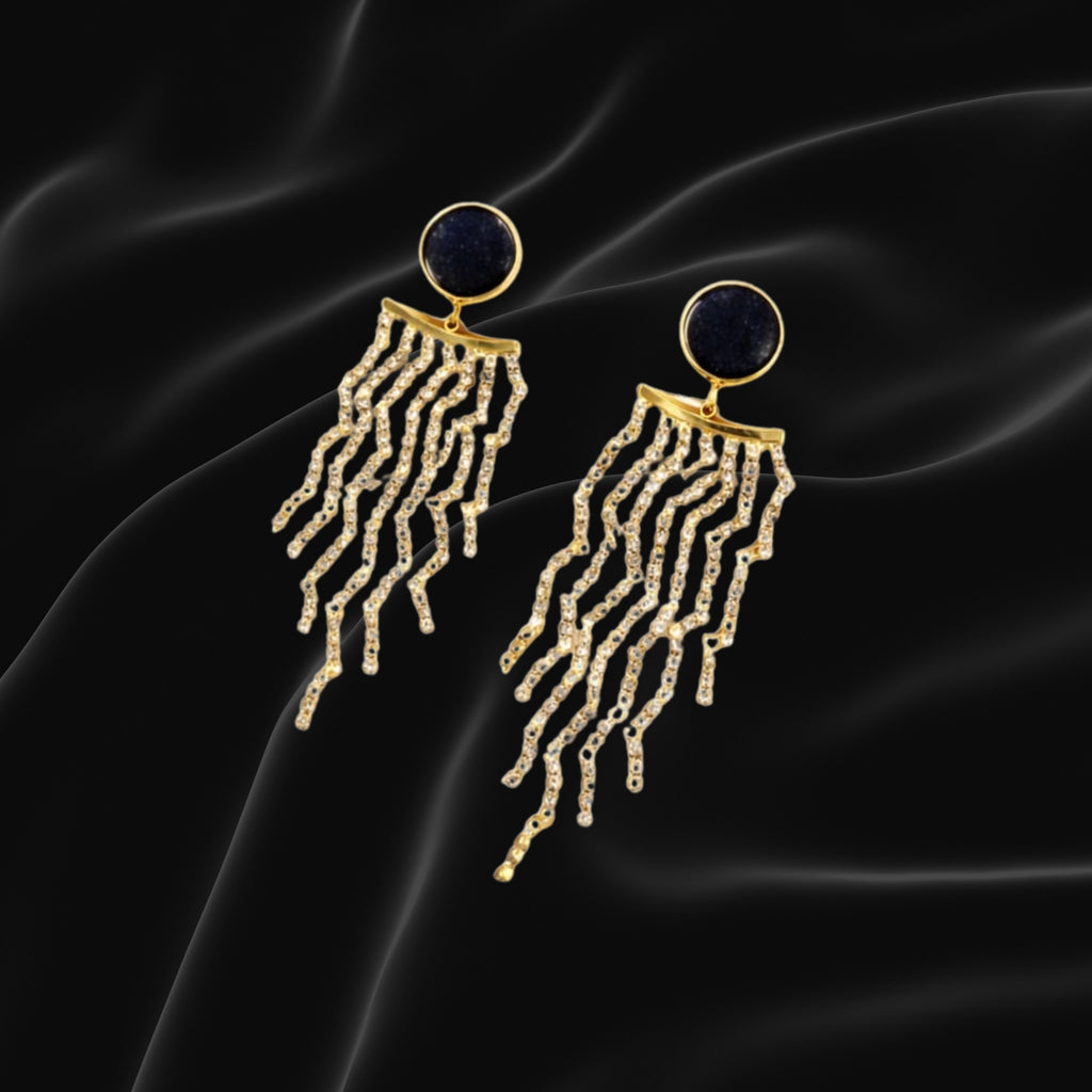 Black Disc & Crystal Tassel Drop Earrings