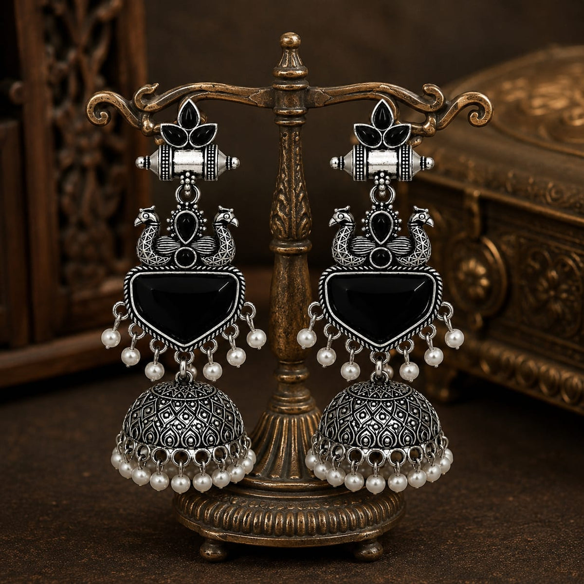 Oxidised Silver Peacock Jhumka with Black Onyx Stones & Pearl Drops