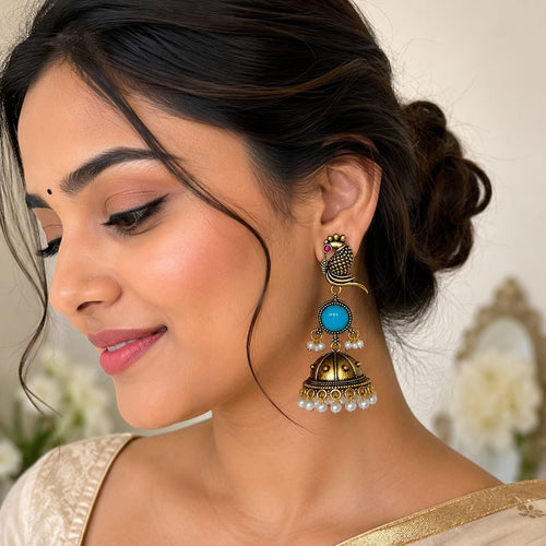 Antique Gold Parrot Jhumka Earrings with Turquoise Stone & Pearl Drops