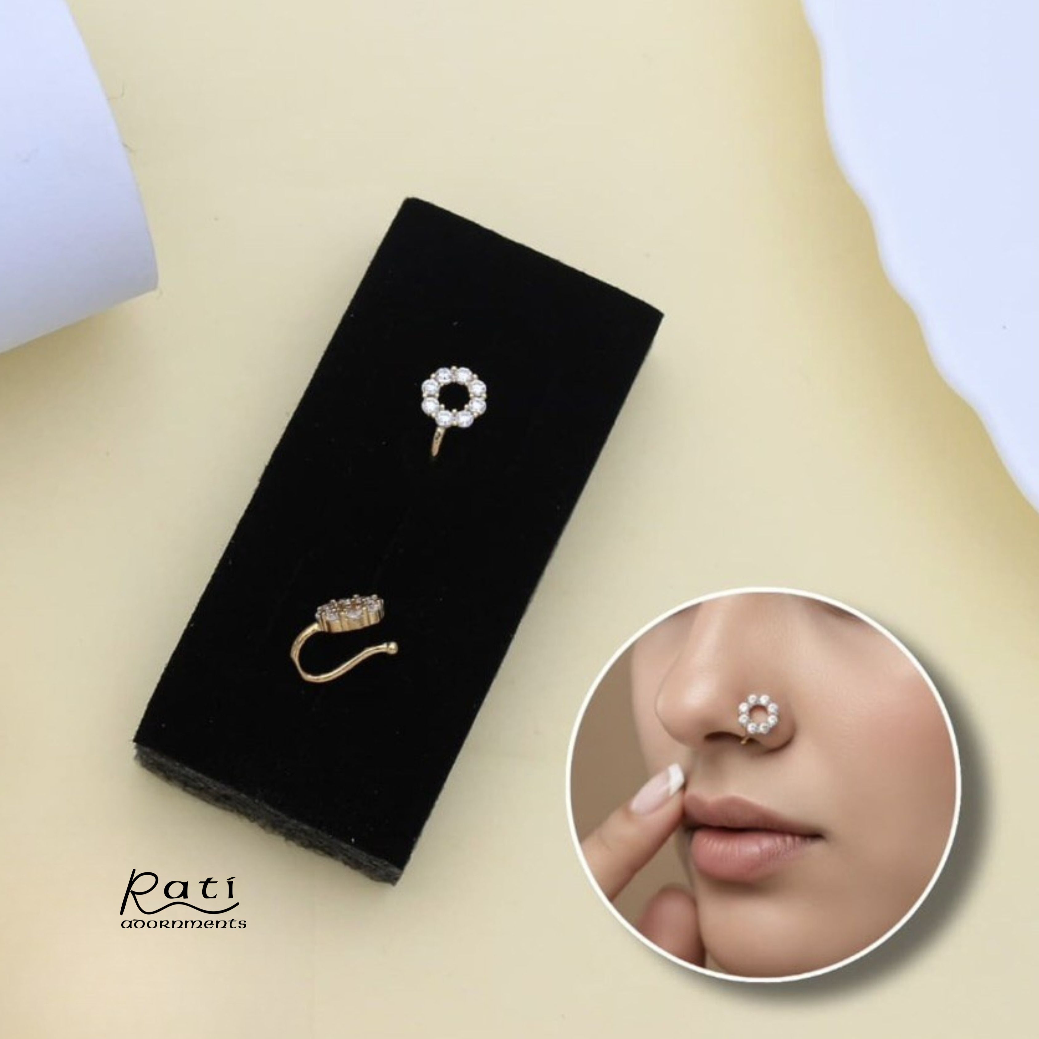 Gold Circular Floral Nose Pin with CZ Stones