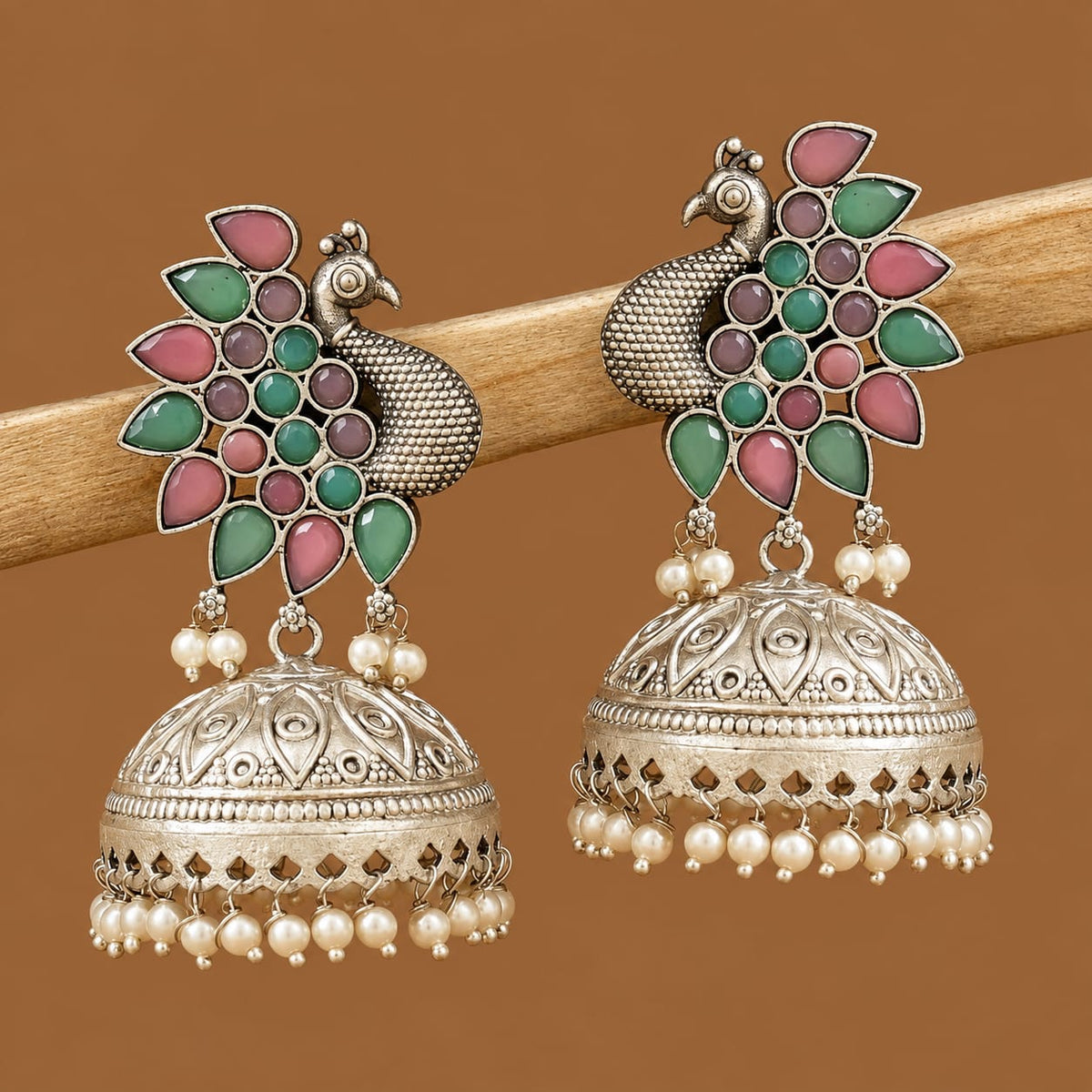 Oxidised Silver Peacock Jhumka Earrings with Pastel Pink, Green & Lilac Stone