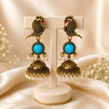 Antique Gold Parrot Jhumka Earrings with Turquoise Stone & Pearl Drops